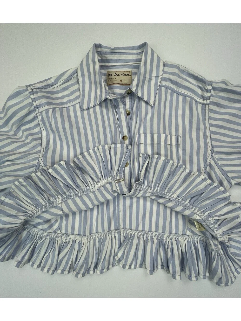 Free People We The Free Bailey Stripe Shirt Blue Cropped Ruffle Blouse XS - Picture 5 of 8